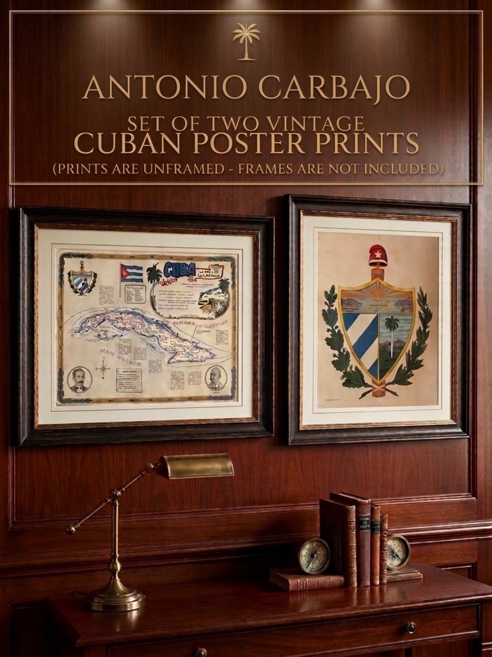 Vintage Antonio Carbajo Cuba Map Coat of Arms Heritage Wall Art Poster Print Set